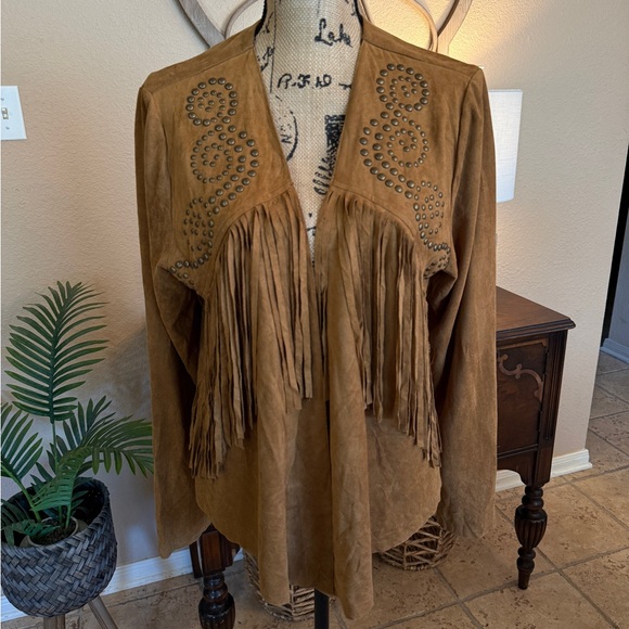 Vocal Camel Brown Western Faux Suede Fringe & Stud Jacket - Picture 10 of 10